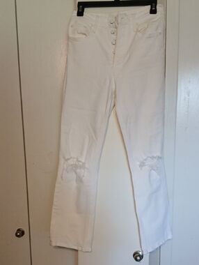 MOTHER White High-Rise Skinny Jeans with Knee Rips